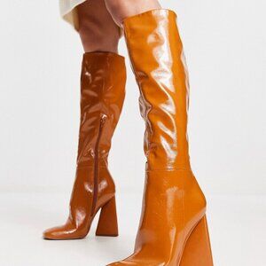 ASOS DESIGN Clara High-Heeled Knee Boots In Mustard Patent Leather  SZ 9
